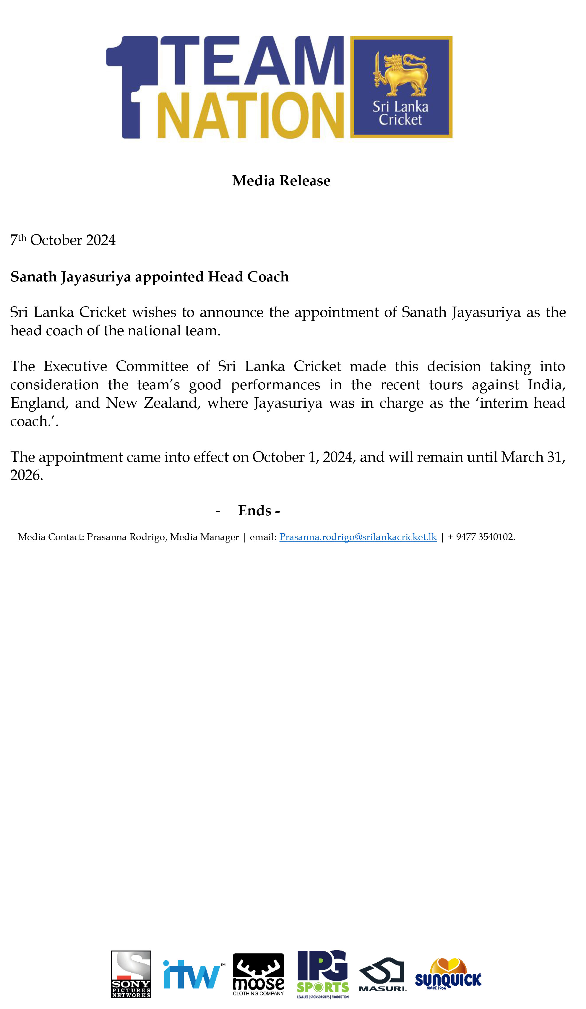 Media Release SLCM202490 Sanath Jayasuriya appointed Head Coach